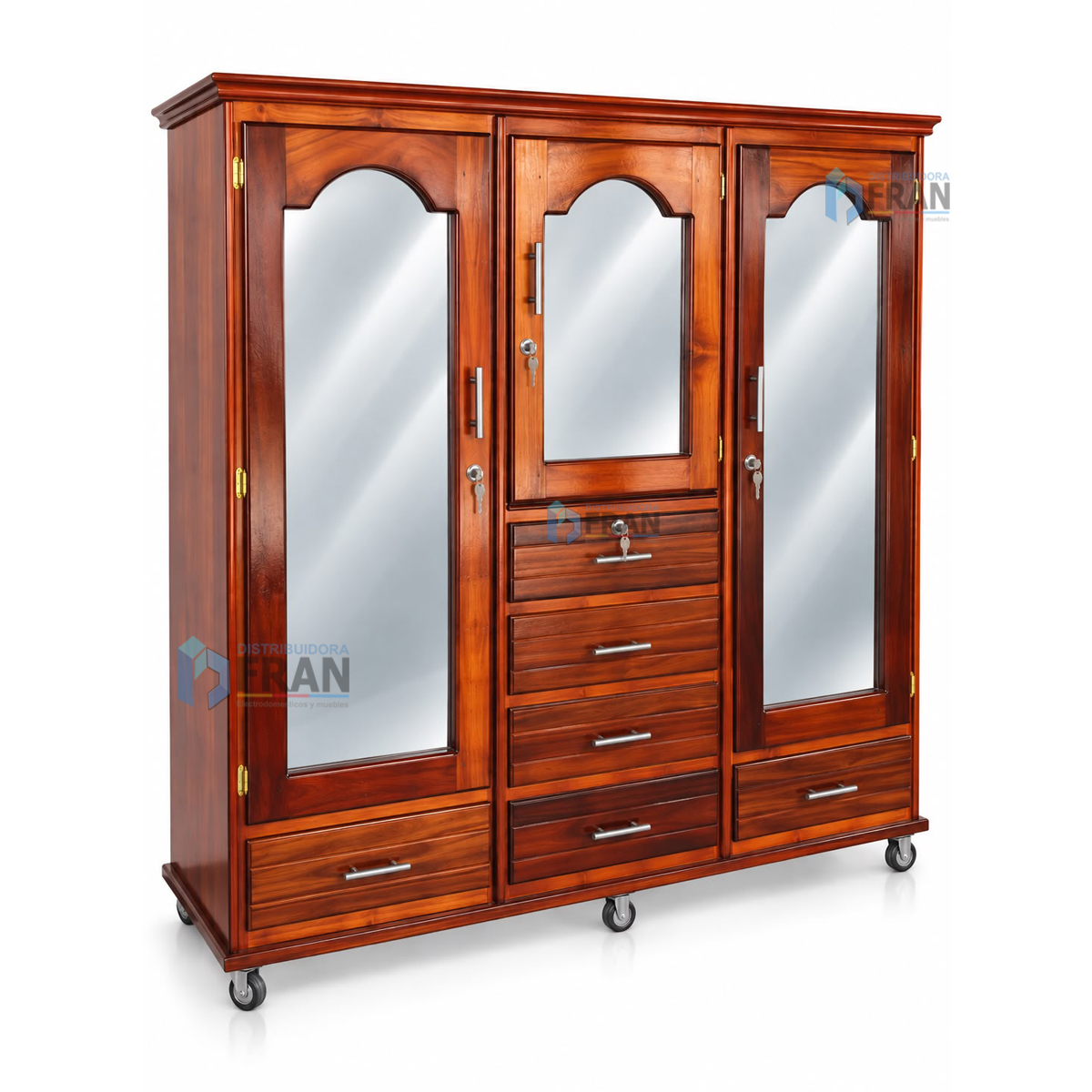 Chifonier de Madera 2 Cuerpos 3 Puertas 3 Espejos 6 Gavetas color Natural
